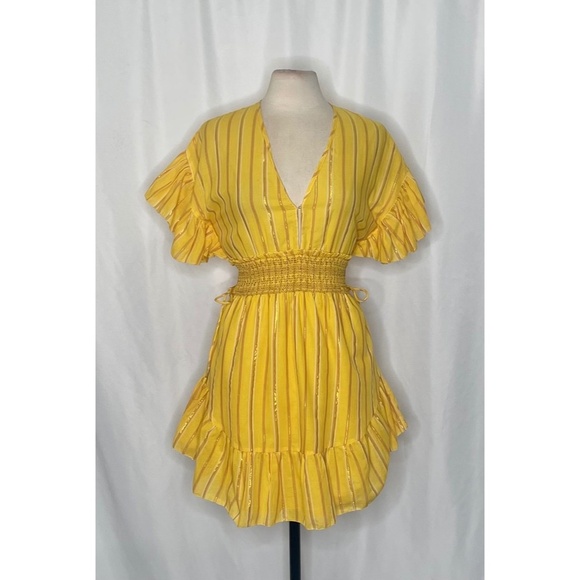 SAYLOR Yellow Metallic Striped Dress Fluttery Smocked Mini Gold Party Medium - Picture 3 of 13